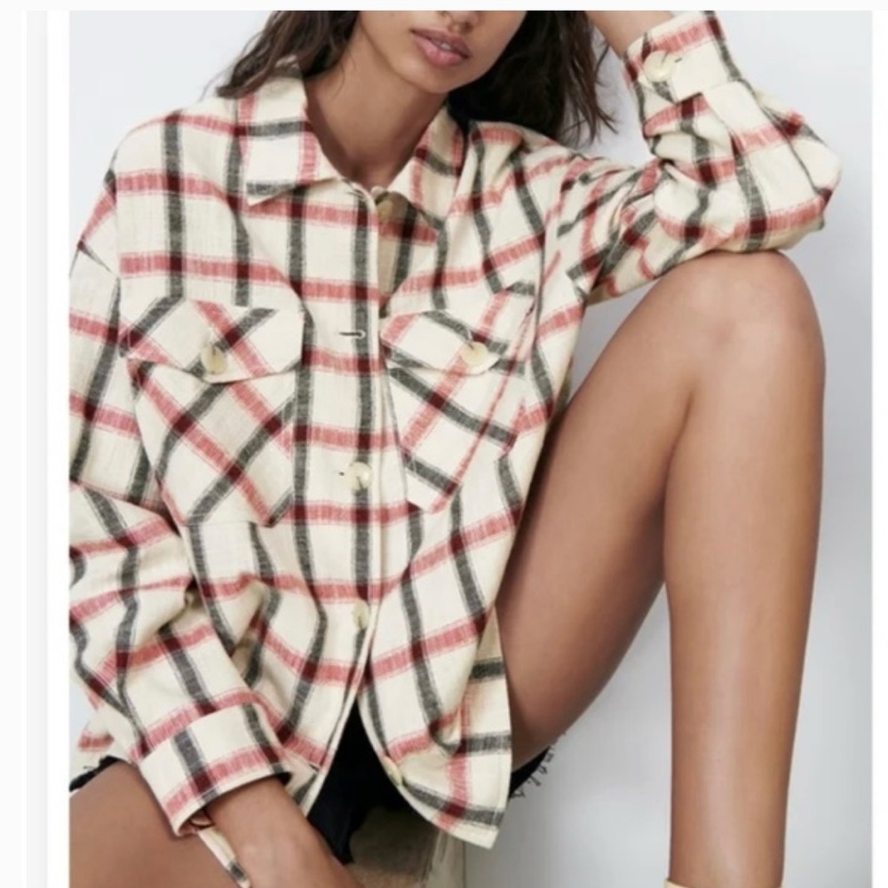 Zara Women's Plaid Utility Jacket - Red, Black, Cream - Picture 5 of 6